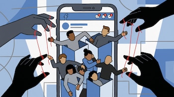 Ilustración de teléfono móvil con interfaz de Facebook y alertas rojas, figuras humanas en compartimentos y manos oscuras con hilos rojos.