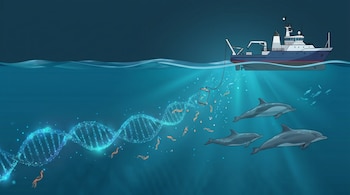 Ilustración de un buque de investigación en la superficie del océano, un dispositivo recolector en el agua, tres delfines, y una estructura de ADN luminosa.