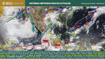 Mapa meteorológico de México mostrando sistemas frontales, vaguadas, baja presión y la trayectoria de la Tormenta Tropical Amanda el 6 de junio de 2026