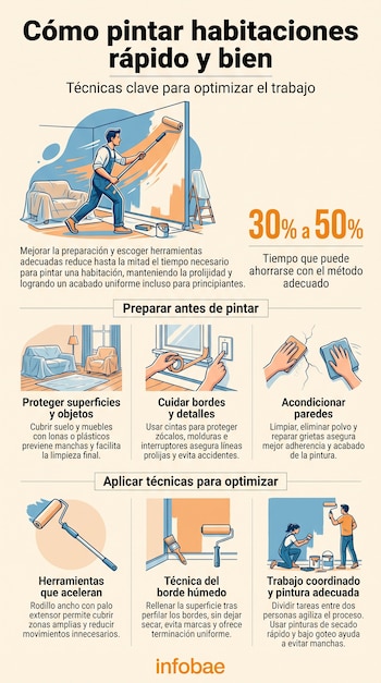 Infografía con título, hombre pintando con rodillo, muebles cubiertos, manos colocando cinta, manos limpiando pared, rodillo, brocha, dos personas pintando, texto y logo.