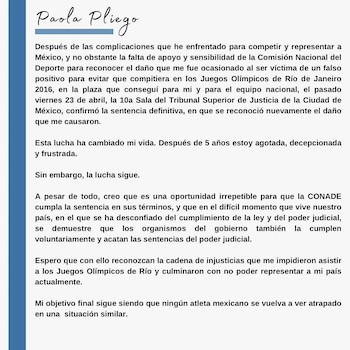 Comunicado Paola Pliego sobre su