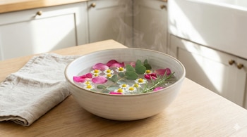 Hierbas, flores y agua tibia