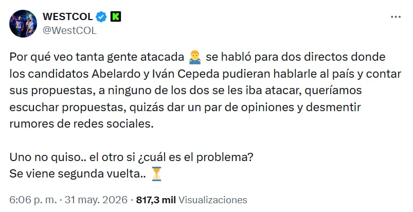 Westcol respondió a las críticas por su entrevista con Abelardo de la Espriella - crédito @WestCOL/X