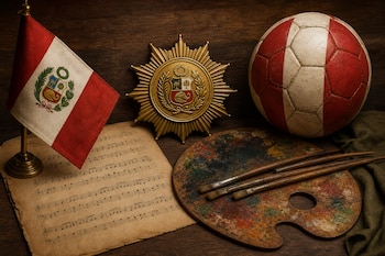 Una bandera de Perú, una partitura antigua, una medalla dorada, una paleta de pintor con pinceles y un balón sobre una mesa de madera.
