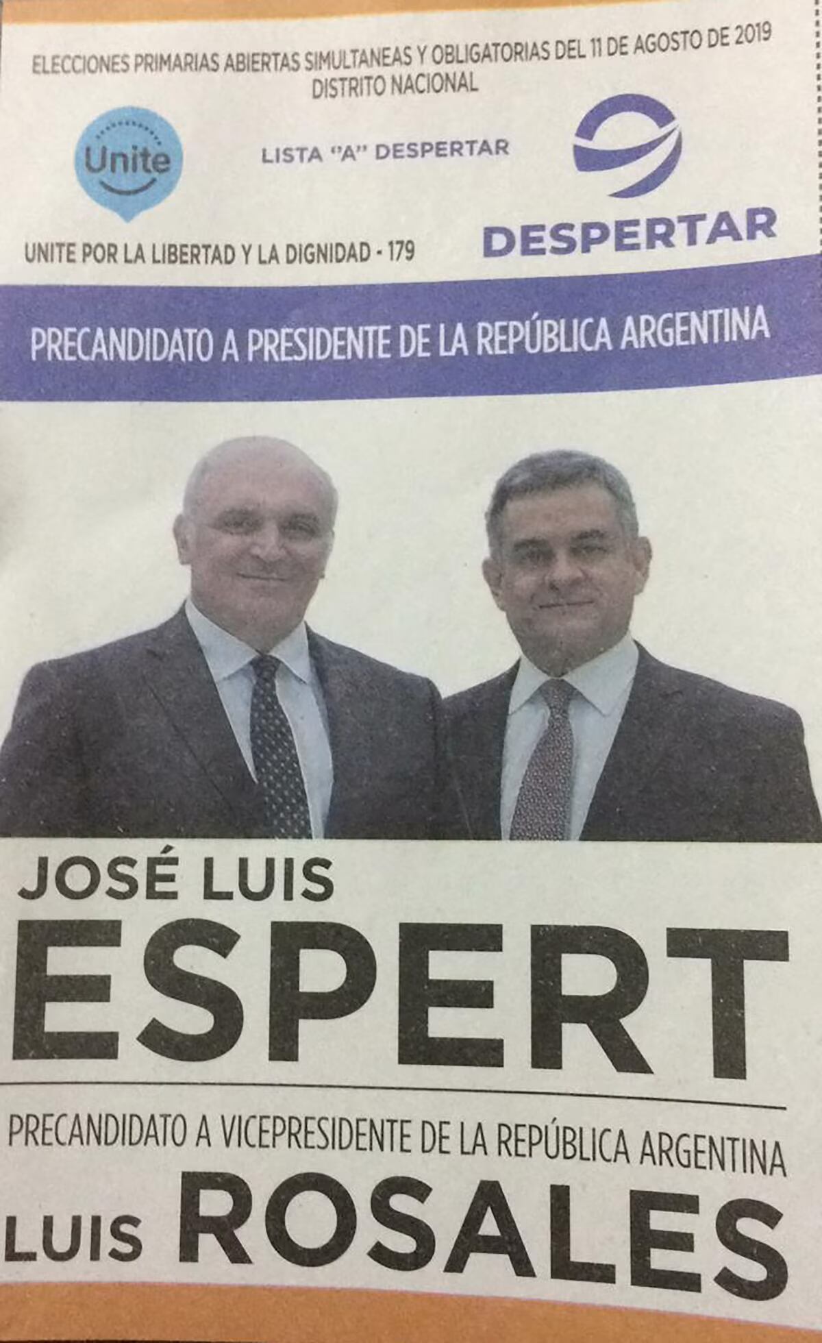 La boleta de José Luis Espert en las elecciones presidenciales de 2019