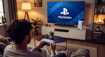 Vista desde atrás de un hombre sentado en un sofá, jugando con un controlador blanco de PlayStation 5 mientras el logo de PlayStation se ve en el televisor.