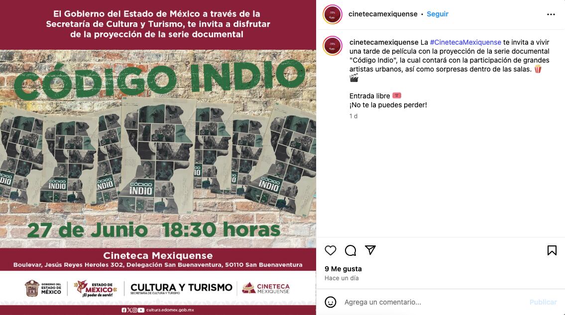 Código Indio se proyectará en la Cineteca Mexiquense. (Instagram)