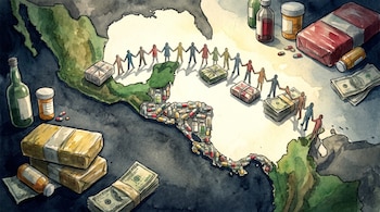 Mapa en acuarela de Centroamérica, América del Norte y América del Sur. Centroamérica está llena de píldoras y frascos. Cadena humana transfiere paquetes y billetes. Hay frascos, paquetes y dinero.