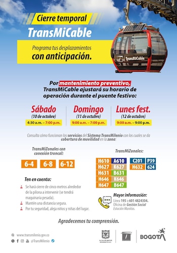 Cartel con la cabina del TransMiCable, horarios de atención del 10 al 12 de octubre, rutas zonales y logotipos oficiales de la Alcaldía de Bogotá