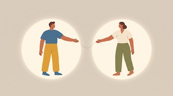 Ilustración de dos personas dentro de círculos luminosos que sostienen los extremos de un hilo fino sobre un fondo beige.