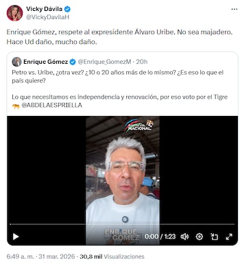Vicky Dávila exigió respeto a Álvaro Uribe Vélez y cuestionó a Enrique Gómez en redes - crédito @VickyDavilaH/X