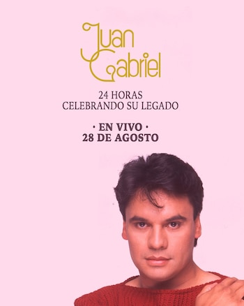 Cartel rosa con el nombre de Juan Gabriel, la fecha 28 de agosto y la fotografía del cantante con un suéter rojo