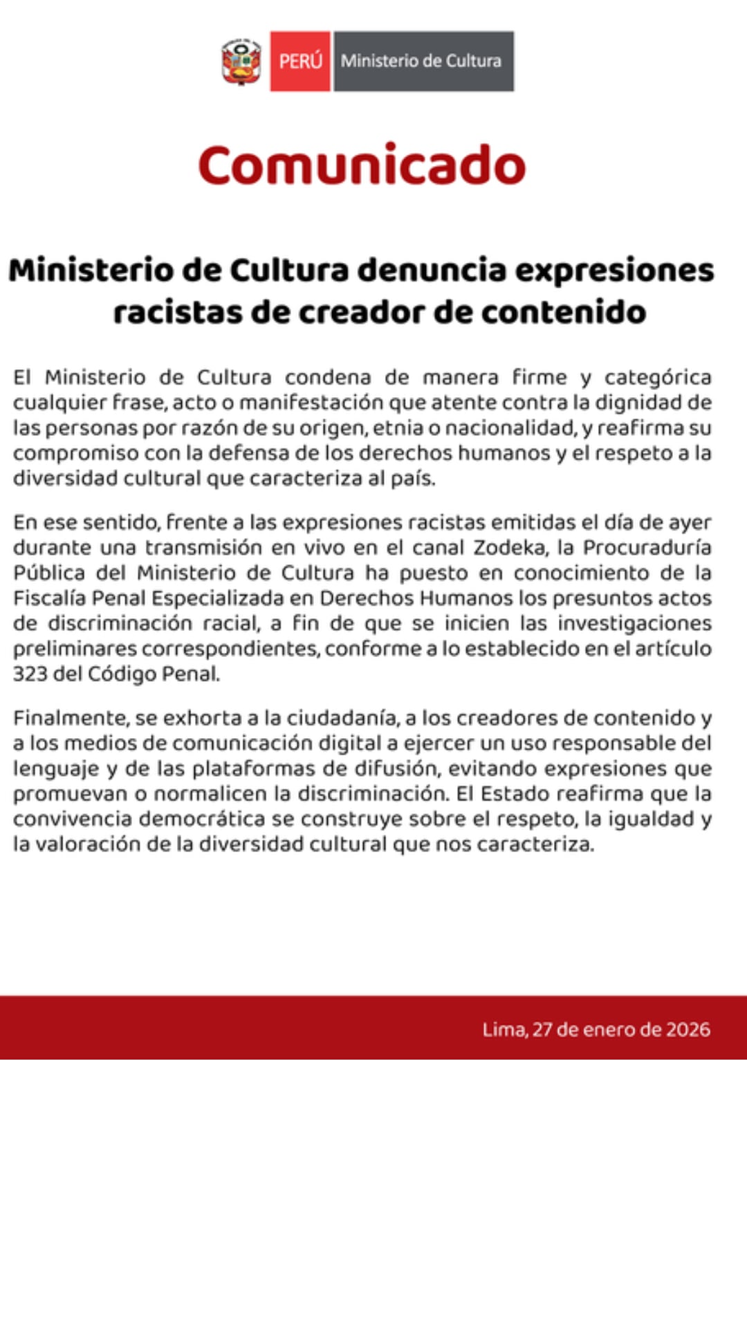 Pronunciamiento del Ministerio de Cultura