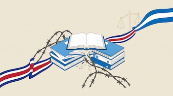 Libros y cuadernos rompen un alambre de púas entre una cinta con franjas azules, blancas y rojas y el dibujo lineal de una balanza.