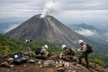 Tres científicos en una cima rocosa recolectan muestras cerca de un volcán activo que emite vapor. Hay equipo de medición y tubos de ensayo.