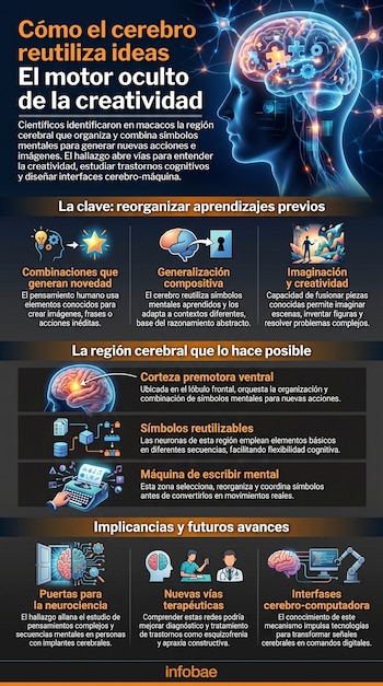 Infografía del cerebro humano iluminado por redes neuronales, con secciones sobre creatividad, regiones cerebrales y avances en neurociencia.