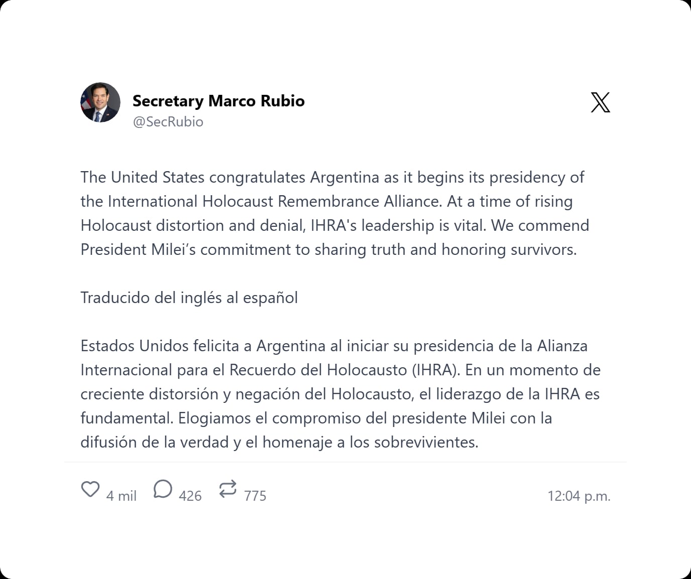 El Secretario Marco Rubio felicita a Argentina por asumir la presidencia de la Alianza Internacional para el Recuerdo del Holocausto (IHRA), destacando la importancia del liderazgo en la lucha contra la distorsión del Holocausto.