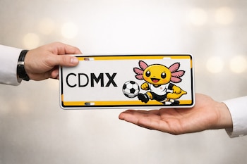 Una mano con camisa blanca y reloj entrega a otra una placa de coche blanca con el logo 'CDMX' y la ilustración de un ajolote jugando al fútbol.