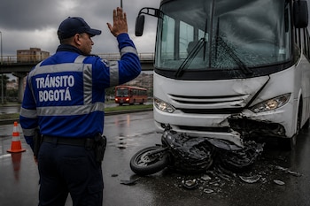Un agente de Tránsito Bogotá coordina la circulación vial en el lugar de una colisión entre un autobús y una motocicleta - crédito