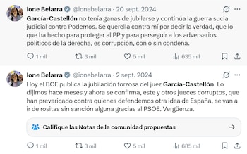 Mensajes de Ione Belarra contra el juez García-Castellón.
