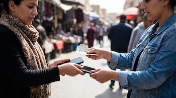 Dos mujeres de perfil intercambian un teléfono móvil negro por billetes en efectivo en un mercado exterior concurrido y desenfocado al fondo.