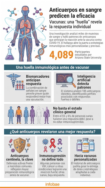 Infografía con una silueta humana, íconos de análisis médico, tubos de ensayo, computadoras y secciones de texto explicativo sobre vacunas.