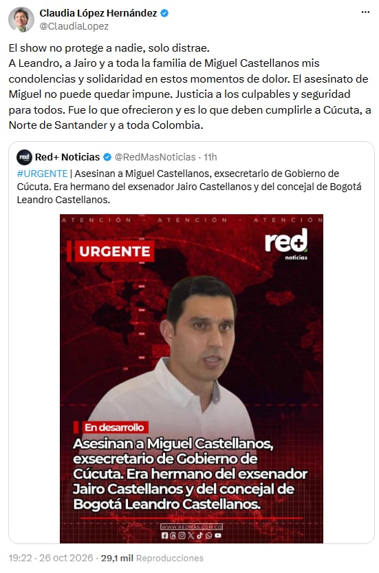 Claudia López reclamó seguridad para Cúcuta y Norte de Santander - crédito @ClaudiaLopez/X