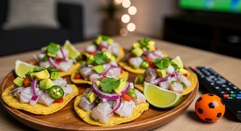 Tostadas de ceviche con pescado, aguacate, cebolla morada y cilantro en un plato de madera, junto a un control remoto y un balón de fútbol.