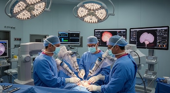 Tres neurocirujanos en un quirófano moderno operan el cerebro de un paciente con brazos robóticos e instrumental. Varias pantallas muestran imágenes médicas cerebrales.