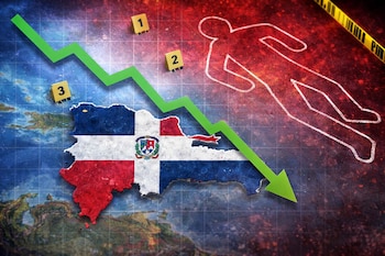 Mapa de la República Dominicana con su bandera y una flecha verde descendente, junto a un contorno de tiza de un cuerpo con marcadores de escena de crimen.