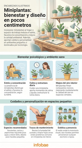 Ilustración detallada de un escritorio con múltiples miniplantas de diversas especies y macetas, junto a libros, una lámpara y una taza de café.