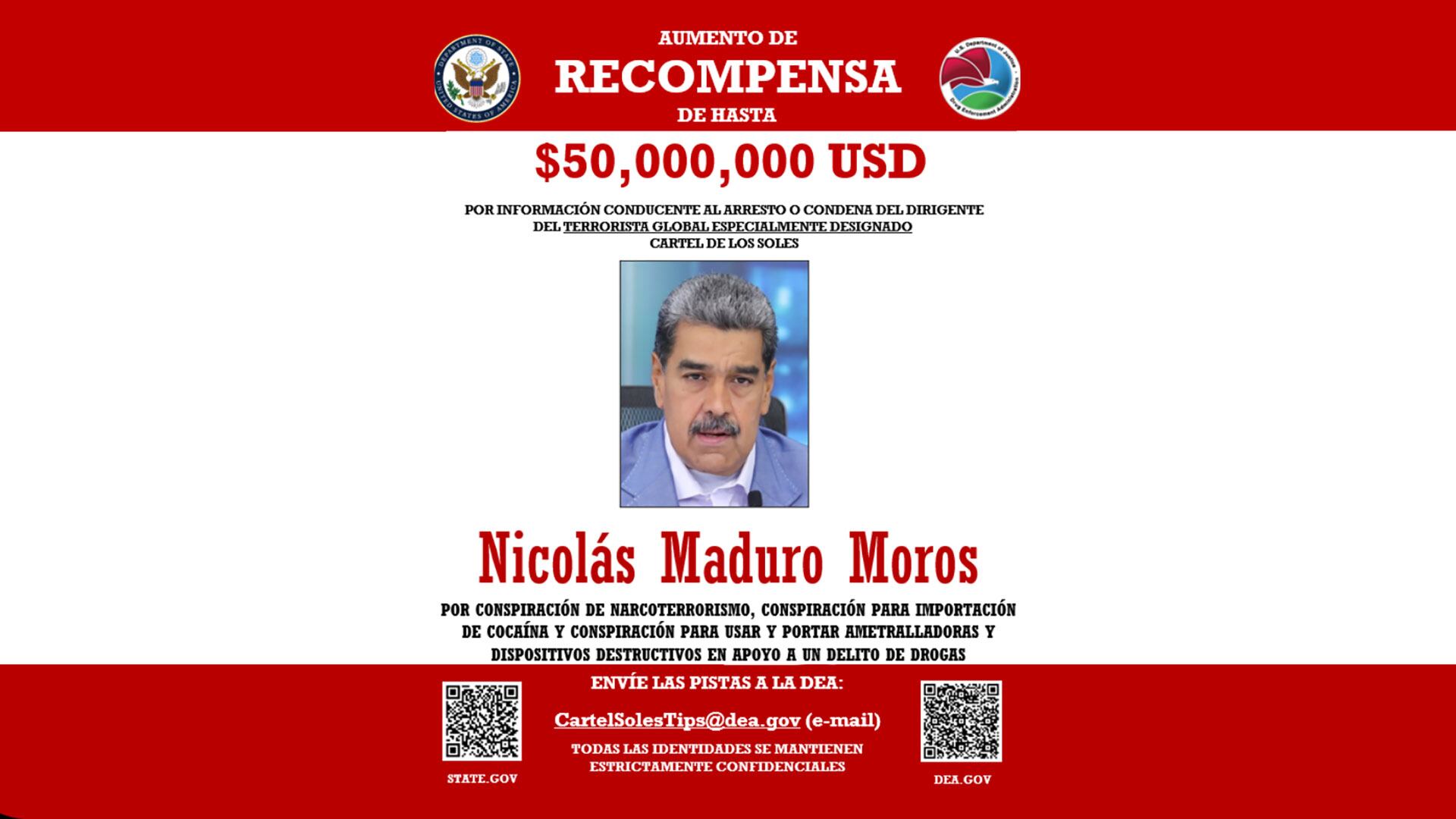 La recompensa de Estados Unidos por la captura del dictador venezolano Nicolás Maduro