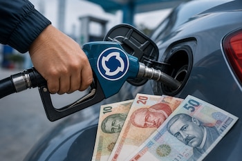 Mano que sostiene un surtidor de combustible azul junto a billetes peruanos de diez, veinte y cincuenta soles sobre un vehículo.