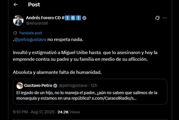 Andrés Forero también arremetió en contra del presidente Gustavo Petro - crédito @AForeroM