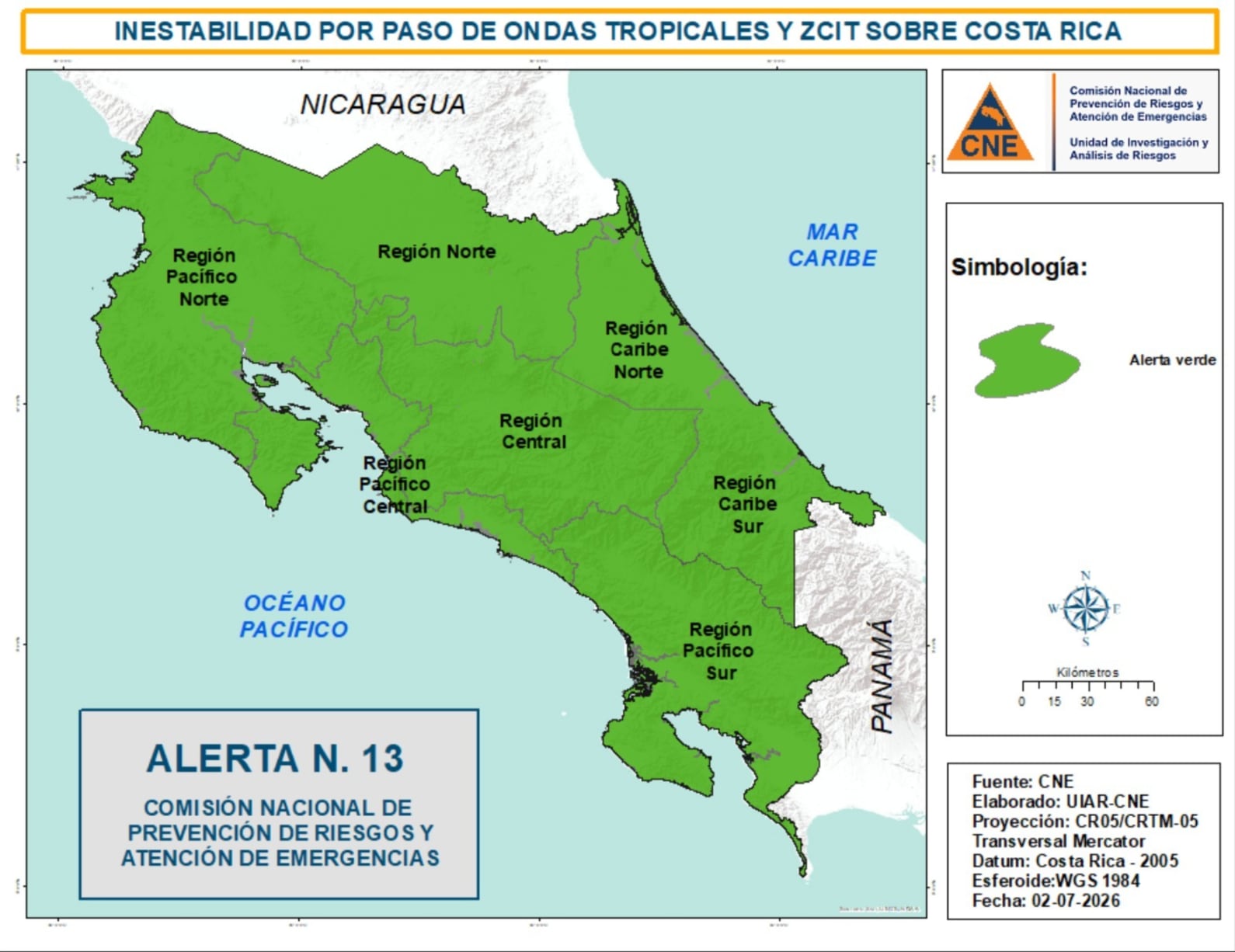 Mapa de alerta en el territorio nacional emitido por la Comisión Nacional de Emergencias. Cortesía: CNE
