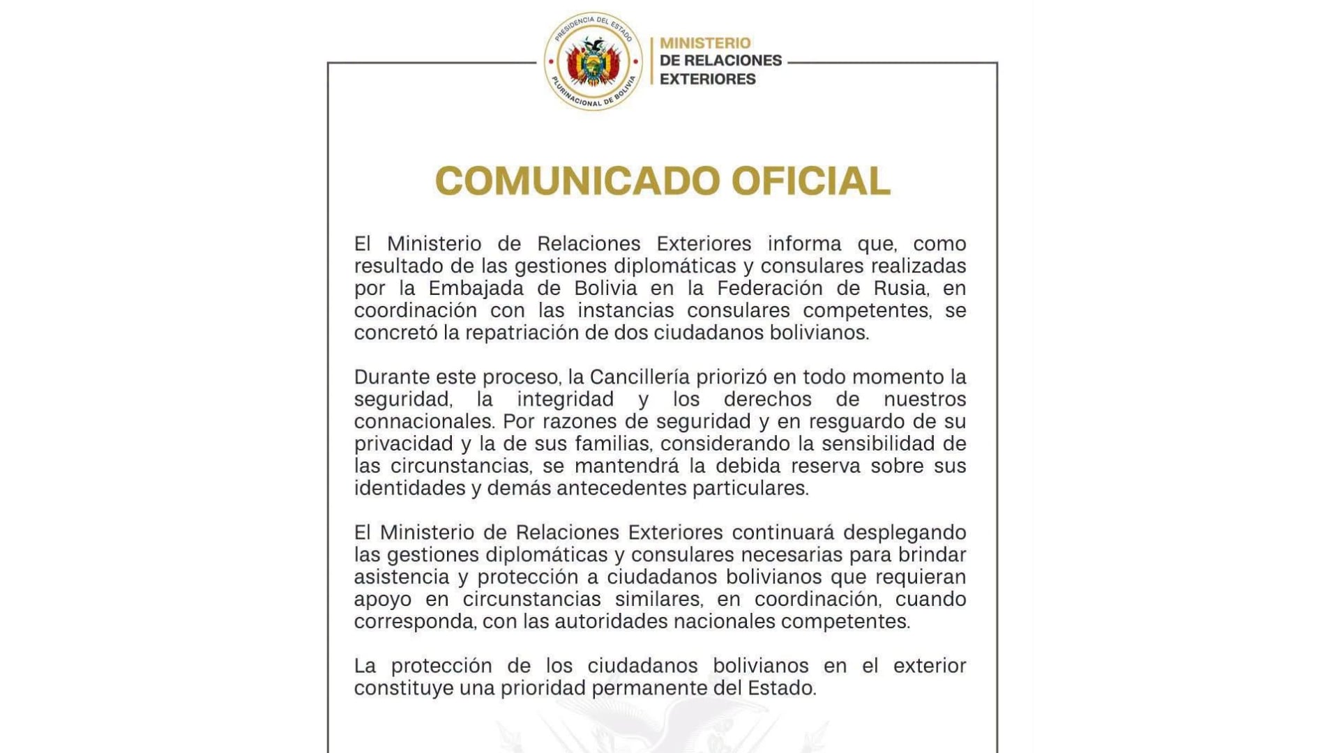 Bolivia repatrió dos ciudadanos que fueron reclutados por Rusia para combatir en la invasión contra Ucrania (Créditos: Cancillería de Bolivia)