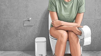 Ilustración de una persona con camiseta verde sentada en un inodoro que sostiene un rollo de papel higiénico junto a un basurero.