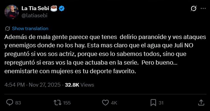 La dura respuesta de la Tía Sebi luego de que la China malinterpretara el comentario de Juli