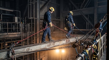 Dos bomberos con cascos amarillos y arneses caminan sobre una viga metálica en una instalación industrial iluminada por un foco.