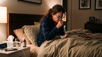 Mujer con pijama y anteojos tose sentada en la cama junto a una mesa con un frasco de jarabe, un vaso de agua y un reloj.