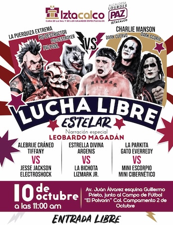 Cartel publicitario con fotos de luchadores maquillados y enmascarados, detalles del evento el 10 de octubre y logotipos institucionales