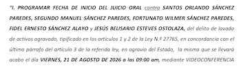 Fragmento de texto sobre fondo blanco que notifica la programación de un juicio oral por el delito de lavado de activos