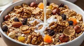 Un chorro de leche cae en un bol blanco lleno de cereal integral, copos de avena, nueces, almendras, avellanas, pasas y trozos de albaricoque seco.