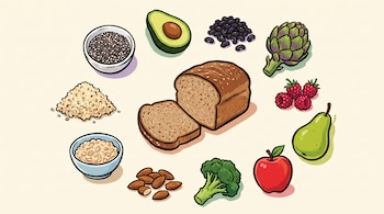 Pan integral rebanado, semillas de chía, palta, porotos negros, alcachofa, frambuesas, pera, manzana, brócoli, almendras, avena, quinoa.