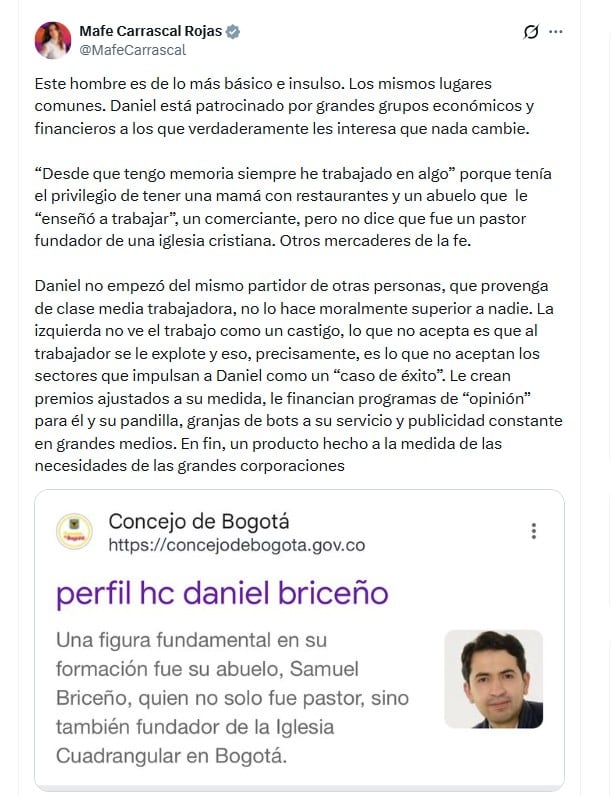 Mafe Carrascal acusó a Daniel Briceño de ser respaldado por grandes grupos económicos y financieros - crédito @MafeCarrascal/X