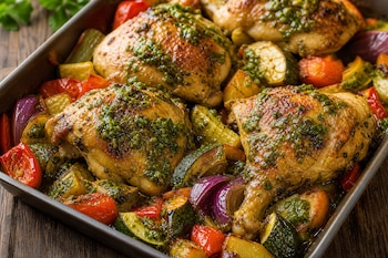 Piezas de pollo horneado con corteza dorada y salsa verde junto a trozos de calabacín, tomate y cebolla morada en una bandeja de metal.
