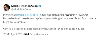 La exsenadora y exprecandidata presidencial, María Fernanda Cabal, por medio de su ceunta de X, le solicitó al presidente electo Abelardo de la Espriella, que denuncie el Acuerdo de Escazú, ya que esta firmemente ligada con el sector de izquierda - crédito @MariaFdaCabal/X