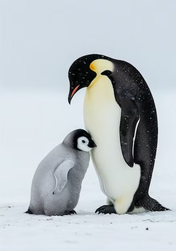 Un pingüino emperador adulto de plumaje negro y amarillo junto a su cría gris sobre un suelo cubierto de nieve