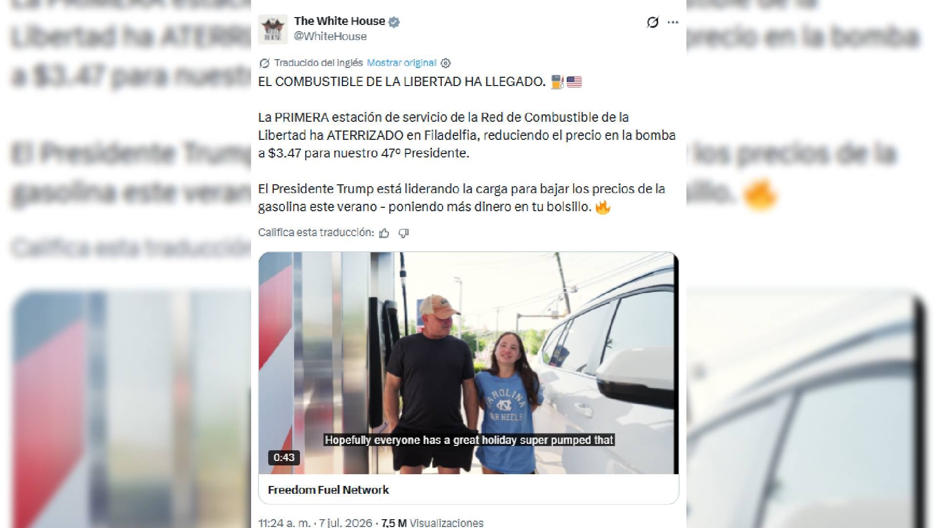 Un tuit de The White House comunica la inauguración de la red Freedom Fuel en Filadelfia, que ofrece gasolina a USD 3.47 y muestra un video en una estación de servicio (X)