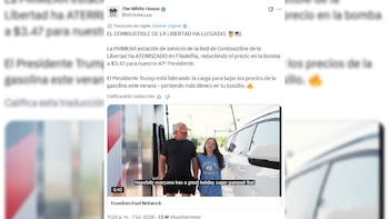 Captura de pantalla de un tuit de The White House. Video con hombre, niña, automóvil y surtidores de combustible en una estación
